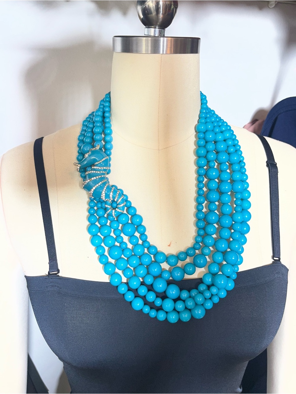 Turquoise Multi Strand Lucite Necklace Crystal Seahorse Clasp Statement